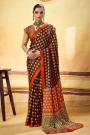 Chocolate Brown Satin Ajrakh Print Saree