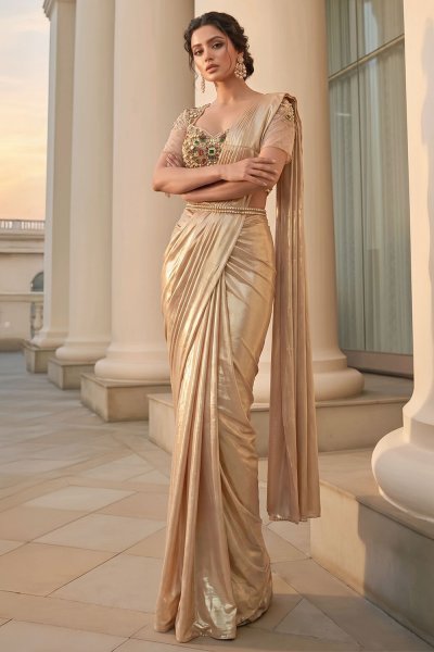 Pre-Draped Champagne Gold Metallic Sheen Silk Saree With Embroidered Blouse & Belt
