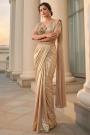 Pre-Draped Champagne Rose Gold Metallic Sheen Satin Silk Saree With Embroidered Blouse & Belt