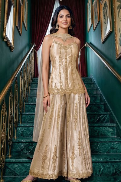 Ivory Gold Silk Embroidered Sharara Kurta Set With Choker Style Dupatta