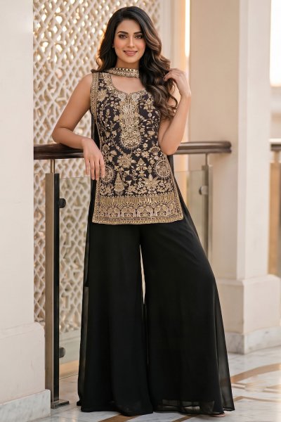 Black Georgette Embroidered Kurta Palazzo Set With Choker Style Dupatta