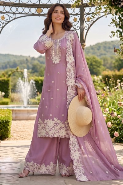 Lilac Silk Embroidered Kurta Palazzo Set
