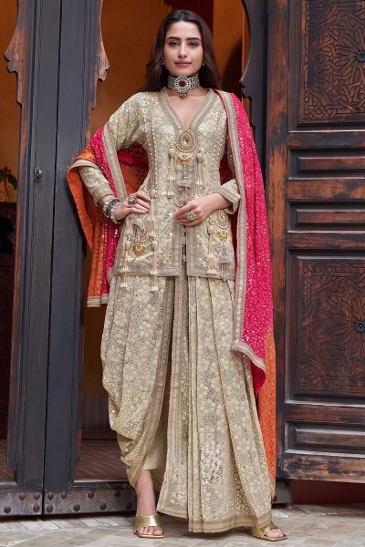 Stunning Beige Gold Georgette Embroidered Dhoti Pants Kurta Set With Two Toned Dupatta