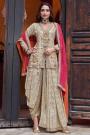 Stunning Beige Gold Georgette Embroidered Dhoti Pants Kurta Set With Two Toned Dupatta