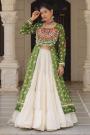 Green & Multicolor Georgette Printed & Embroidered Kurti Blouse With Ivory Cotton Skirt Chaniya Choli Set