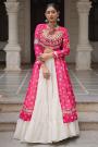Fuchsia Pink & Multicolor Georgette Printed & Embroidered Kurti Blouse With Ivory Cotton Skirt Chaniya Choli Set