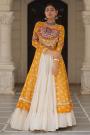 Mustard Yellow & Multicolor Georgette Printed & Embroidered Kurti Blouse With Ivory Cotton Skirt Chaniya Choli Set