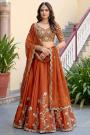 Burnt Orange Silk Embroidered Lehenga Set