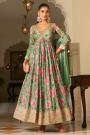 Green Chinon Silk Printed & Embroidered Anarkali Dress With Dupatta