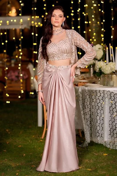 Rose Gold Pink Satin Silk Hand Embroidered Dhoti Skirt With Blouse & Jacket