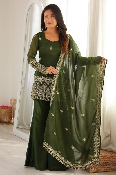 Forest Green Organza Silk Embroidered Shorti Kurti With Palazzo & Dupatta