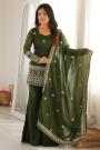Forest Green Organza Silk Embroidered Shorti Kurti With Palazzo & Dupatta