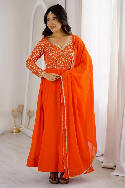 Orange Georgette Embroidered Anarkali Set
