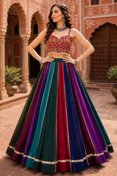 Multicolor Georgette Lehenga & Gamthi Embroidered Navratri Lehenga Choli Set