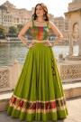 Green & Multicolor Cotton Woven Navratri Lehenga Choli Set