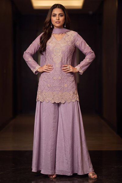 Lilac Chinon Silk Pearl Work & Embroidered Kurta Set