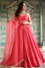 Coral Red Georgette Embroidered Lehenga Set With Organza Silk Dupatta