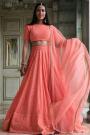 Peach Georgette Embroidered Lehenga Set With Organza Silk Dupatta