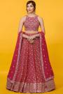 Red Georgette Embroidered Lehenga Set With Net Dupatta