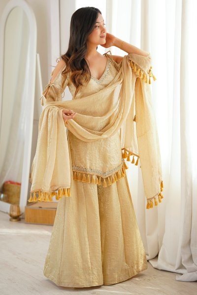 Ivory Gold Silk Embroidered Palazzo Kurta Set