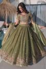 Olive Green Silk Embroidered Lehenga Set