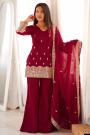Maroon Silk Embroidered Bell Bottom Kurta Set