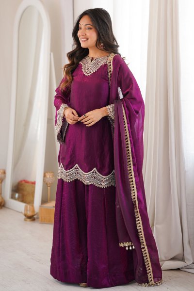 Plum Silk Embroidered Sharara Kurta Set