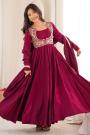 Wine Chanderi Silk Anarkali Set With Embroidered Jacket & Bordered Dupatta