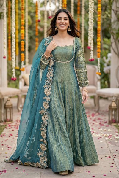 Teal Gold Silk Woven Embroidered Anarkali Set