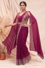 Pre-Draped Magenta Hand Embroidered Satin Silk Saree With Belt