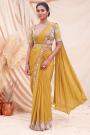 Pre-Draped Mustard Hand Embroidered Crepe Satin Silk Saree With Belt