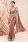 Pre-Draped Light Brown Embroidered Satin Silk Saree With Belt