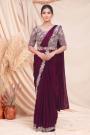 Pre-Draped Wine Hand Embroidered Satin Silk Saree With Belt