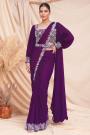 Pre-Draped Plum Hand Embroidered Crepe Satin Silk Saree With Belt