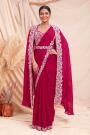 Pre-Draped Coral Red Embroidered Satin Silk Cape Style Saree With Belt