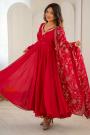 Red Embroidered Georgette Anarkali Set