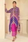 Multicolor, Purple, & Magenta Crepe Silk Printed & Hand Embroidered Top & Pant Set With Handbag