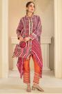Multicolor, Red, & Orange Crepe Silk Printed & Hand Embroidered Top & Pant Set With Handbag