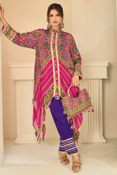 Multicolor, Magenta, & Purple Crepe Silk Printed & Hand Embroidered Top & Pant Set With Handbag