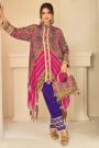 Multicolor, Magenta, & Purple Crepe Silk Printed & Hand Embroidered Top & Pant Set With Handbag