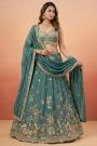 Teal Blue Tissue Silk Embroidered Lehenga Set