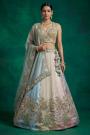 Pastel Multicolor & Sea Blue Organza Silk Embroidered Lehenga Set