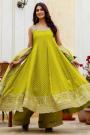 Lemon Green Silk Bandhani Hand Embroidered Anarkali Palazzo Set