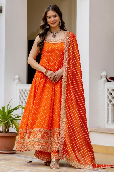 Orange Silk Bandhani Hand Embroidered Anarkali Palazzo Set