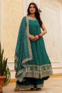 Teal Green Silk Bandhani Hand Embroidered Anarkali Palazzo Set