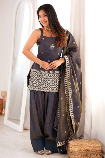 Charcoal Grey Silk Embroidered Farshi Salwar Kurta Set