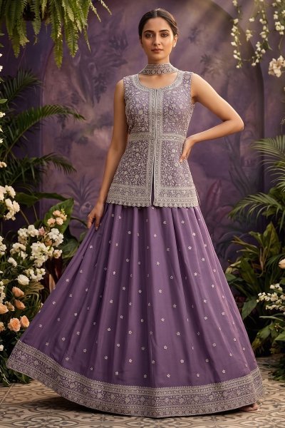 Lavender Georgette Embroidered Peplum Long Kurti Lehenga Set With Choker Style Dupatta