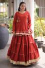 Red Orange Cotton Gotta Patti Lace Embellished Peplum Top & Skirt Set