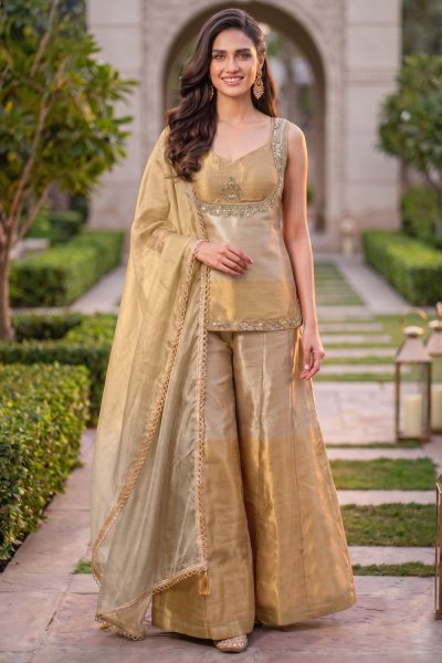 Gold & Beige Kanjivaram Silk Hand Embroidered Kurta Set