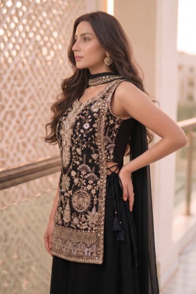 Black Georgette Embroidered Kurta Palazzo Set With Choker Style Dupatta